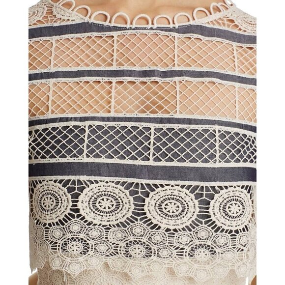 Elie Tahari Sz S 4 Cropped Crochet Lace Chambray Ivory Blue Skirt Top 2pc Set - Picture 4 of 16